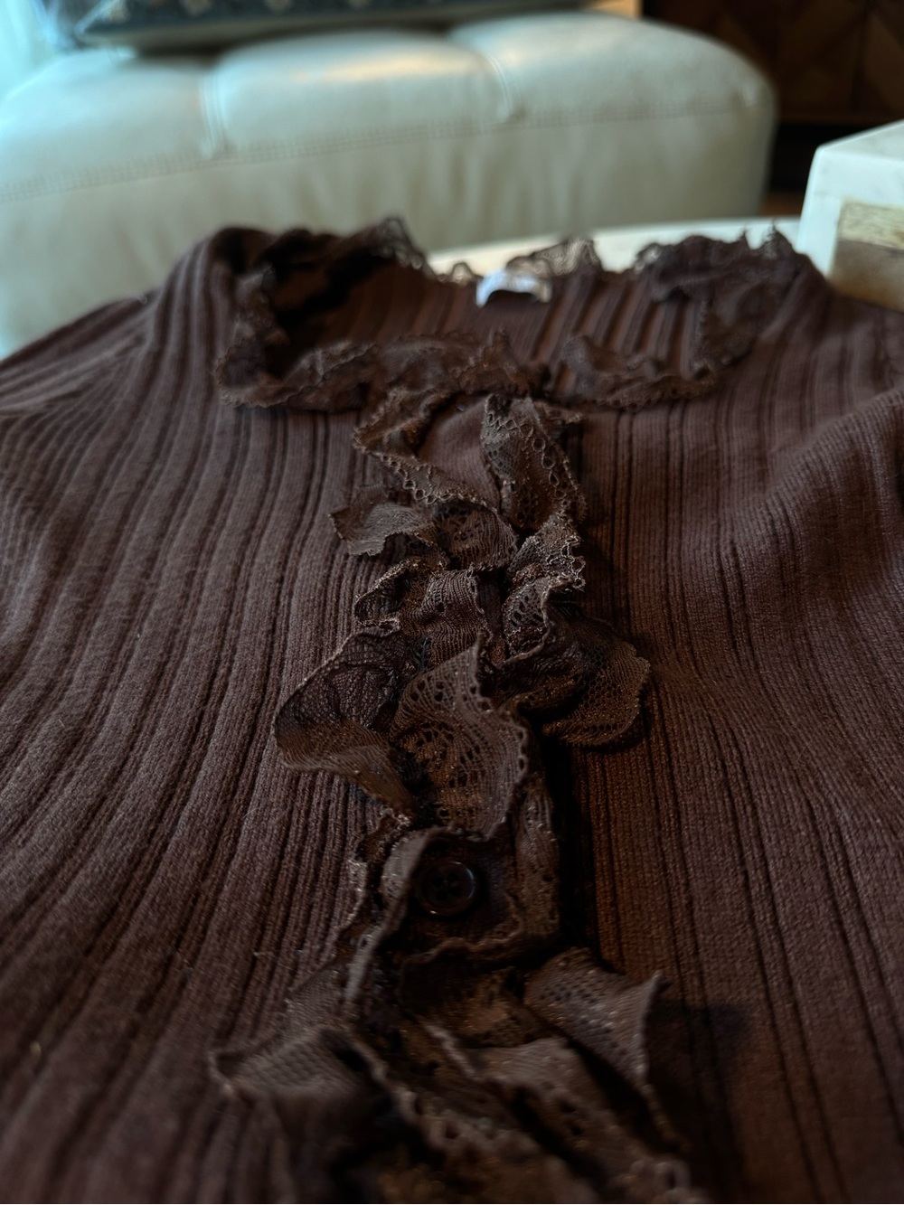 Brown Ruffled Rib-Knit Long Sleeve Top - Picture 5 of 5